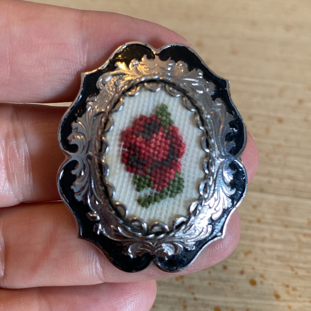 Vintage Petit Point Rose Pendant Brooch and Pearl Clip